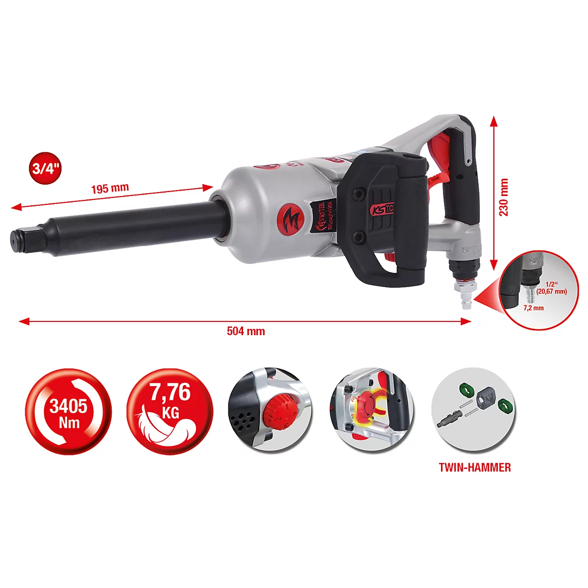 Graue Druckluft-Schlagschrauber mit roten Akzenten, Maße und Details sind auf dem Bild dargestellt.